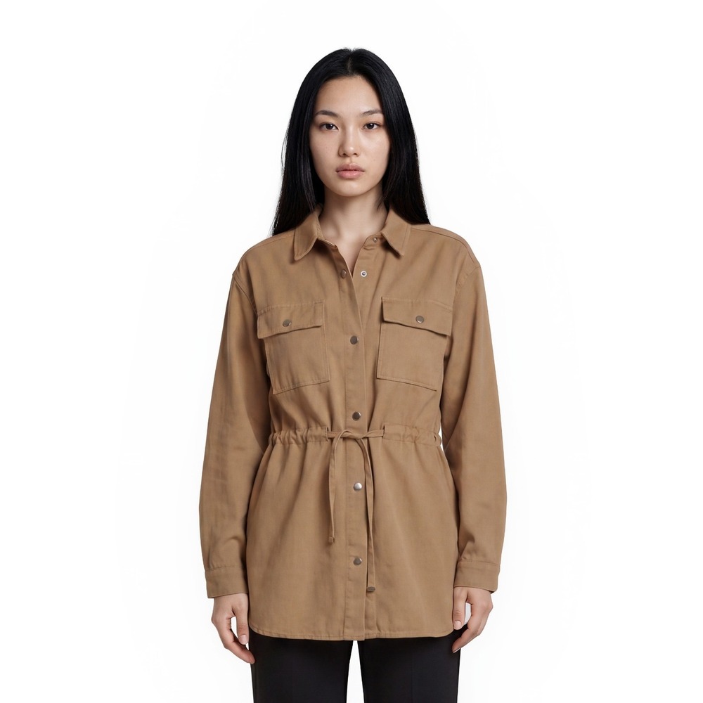 Anne Klein Utility Shacket Safari Jacket Women's Size Small‎ Tan Roll-Tab Sleeve